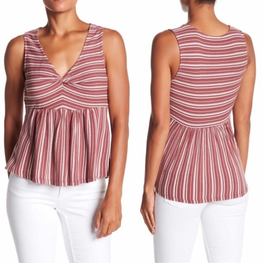 LUCKYBRAND Rust Ivory Stripe Sleeveless Peplum Top in size S Twist Front Detail